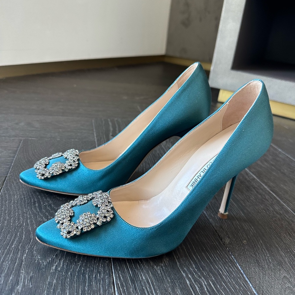 Elegant Teal Satin Heels with Embellished Buckle